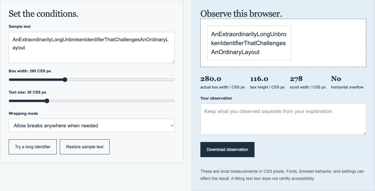 The same identifier with breaks allowed anywhere; horizontal overflow is No and box height is 116 CSS pixels.